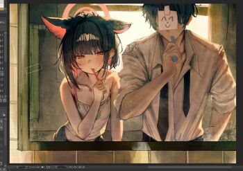 1boy 1girl animal_ears betabeet black_hair blue_archive brushing_teeth collarbone collared_shirt doodle_sensei_(blue_archive) halo kazusa_(blue_archive) looking_at_mirror messy_hair mirror morning multicolored_hair pink_hair pink_halo red_eyes sensei_(blue_archive) shirt short_hair two-tone_hair white_shirt