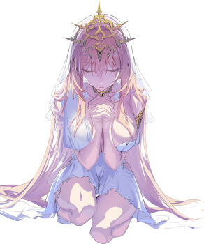 1girl bianca:_crepuscule_(pgr) bianca_(pgr) blonde_hair breasts closed_eyes collar commentary_request dress gold_tiara guratan highres kneeling large_breasts long_hair mole mole_under_eye own_hands_together praying punishing:_gray_raven see-through_clothes see-through_veil simple_background solo tiara veil very_long_hair white_background white_dress