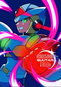 Rule 34 | 1boy, armor, blue background, clenched hand, commentary, cowboy shot, english commentary, forehead jewel, glowing, glowing eyes, green eyes, guutara, helmet, highres, male focus, mega man (series), mega man x (series), simple background, smile, solo, watermark, white armor, white helmet, x (mega man)
