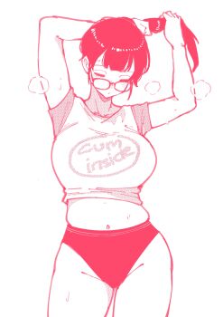 1girl adjusting_hair breasts buruma closed_eyes closed_mouth glasses groin highres large_breasts medium_hair midriff monochrome navel norman_maggot original pun red_theme shirt simple_background solo sweat white_background