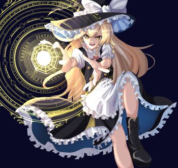 Rule 34 | 1girl, apron, black boots, black hat, black skirt, black vest, blonde hair, blue background, boots, bow, braid, buttons, commentary request, dinotodon, frilled apron, frilled hat, frilled skirt, frills, hair bow, hat, hat bow, highres, kirisame marisa, long hair, lower teeth only, magic circle, mini-hakkero, open mouth, red bow, shirt, short sleeves, single braid, skirt, solo, star (symbol), teeth, touhou, variant set, very long hair, vest, waist apron, white bow, white shirt, wide brim, witch hat, yellow eyes