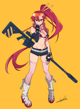 1girl anti-materiel_rifle belt bikini bikini_top_only bracelet breasts commentary fingerless_gloves flame_print gloves gun hair_ornament hair_stick highres jewelry large_breasts long_hair looking_at_viewer navel orange_background pink_thighhighs ponytail red_hair rifle scarf short_shorts shorts signature simple_background skull_hair_ornament sniper_rifle solo striped_clothes striped_scarf studded_belt studded_bracelet swimsuit tengen_toppa_gurren_lagann thighhighs weapon yellow_eyes yoko_littner zettai_ryouiki