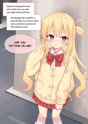Rule 34 | 1girl, absurdres, blonde hair, blush, bow, bowtie, buttons, cardigan, collared shirt, commentary, dot nose, english commentary, english text, gradient hair, hair between eyes, highres, kneehighs, knees, little witch nobeta, long hair, long sleeves, looking at viewer, miniskirt, multicolored hair, nobeta, official art, pleated skirt, red bow, red bowtie, red eyes, red skirt, school uniform, shirt, skirt, sleeves past wrists, socks, solo, speech, speech bubble, standing, very long hair, white socks, yellow cardigan