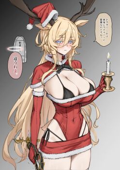 1girl absurdres allen.n animal_ears antlers arknights bikini bikini_under_clothes black_bikini blonde_hair breasts candlestand covered_navel deer_ears elbow_gloves gloves half-closed_eyes hat highres holding holding_candlestand holding_sword holding_weapon horns large_breasts long_hair miniskirt narrow_waist red_gloves reindeer_antlers santa_costume santa_hat skirt solo swimsuit sword very_long_hair viviana_(arknights) weapon