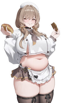 1girl :t absurdres apron belly black_nails blush bread bready_(nikke) breasts brown_eyes brown_hair brown_neckerchief brown_skirt brown_thighhighs candy chef_hat chocolate_chip_cookie commentary cookie cowboy_shot crop_top crop_top_overhang eating fat fat_rolls fat_woman food food_on_face goddess_of_victory:_nikke hair_over_eyes hair_over_shoulder hands_up hat highres holding holding_cookie holding_food large_breasts lollipop long_sleeves looking_at_viewer low_twintails microskirt muffin_top nail_polish navel neckerchief nikku_nana patissier plump shirt sideboob skirt solo stomach untranslatable_commentary thick_thighs thighhighs thighs twintails waist_apron white_apron white_background white_hat white_shirt zettai_ryouiki zipper_skirt