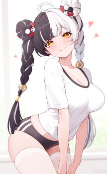 1girl absurdres ahoge artist_name black_buruma black_hair blush braid breasts buruma cleavage closed_mouth collarbone commentary_request dialyn_(zenless_zone_zero) double_bun hair_bun hair_ornament head_tilt heart highres indoors large_breasts leaning_forward long_hair looking_at_viewer multicolored_hair origami_(poinia) paid_reward_available shirt short_sleeves signature simple_background smile solo split-color_hair sportswear standing thighhighs thighs twin_braids twintails very_long_hair watermark white_background white_hair white_shirt white_thighhighs window yellow_eyes zenless_zone_zero