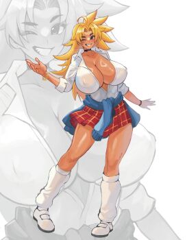 1girl blonde_hair blue_eyes bracelet breasts cleavage clothes_around_waist covered_erect_nipples dark-skinned_female dark_skin emily_botta energy_kyouka!! female_focus full_body gyaru hair_intakes heart highres huge_breasts jewelry long_hair money one_eye_closed partially_unbuttoned pleated_skirt shiraishi_kyouka skindentation skirt smile solo spiked_hair sweater sweater_around_waist teeth thick_thighs thighs wink