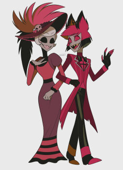 1boy 1girl :d absurdres alastor_(hazbin_hotel) animal_ears antlers arm_hug belt black_belt black_bow black_bowtie black_hair black_nails black_pants black_shoes bob_cut bow bowtie breasts coat colored_sclera colored_skin colored_teeth colored_tips commentary_request deer_antlers deer_boy deer_ears eye_contact eyeshadow fewer_digits flat_color full_body grey_background grey_skin grin hand_on_own_chest hand_up hat hat_feather hazbin_hotel hellaverse highres hollow_eyes horns inverted_bob jacket lapels layered_sleeves long_skirt long_sleeves looking_at_another makeup menma_(enaic31) monocle multicolored_hair nail_polish open_clothes open_jacket open_mouth pants purple_jacket purple_skirt red_coat red_eyes red_eyeshadow red_hair red_hat red_sclera red_shirt rosie_(hazbin_hotel) sharp_teeth shirt shoes short-sleeved_jacket short_hair short_over_long_sleeves short_sleeves signature simple_background skirt small_breasts smile standing striped_coat teeth tongue torn_clothes torn_coat traditional_bowtie turning_head turtleneck turtleneck_shirt two-tone_hair vertical-striped_coat white_hair yellow_teeth