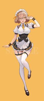 1girl anis_(nikke) apron black_garter_straps black_shoes breasts brown_hair collared_shirt full_body garter_straps glasses goddess_of_victory:_nikke hand_up highres lack large_breasts looking_at_viewer necktie official_art open_mouth sample_watermark shirt shoes short_hair short_sleeves simple_background skirt smile solo standing standing_on_one_leg teeth thighhighs upper_teeth_only watermark white_apron white_headdress white_shirt white_thighhighs wristband yellow_background zettai_ryouiki