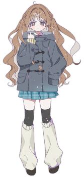 1girl black_shoes black_thighhighs blue_skirt blush brown_eyes brown_hair closed_mouth coat full_body grey_coat grey_outline hand_in_pocket hand_up highres hood hooded_coat layered_sleeves leg_warmers long_hair long_sleeves looking_at_viewer miniskirt original outline plaid_clothes plaid_skirt pleated_skirt shoes simple_background skirt solo standing thighhighs unmoving_pattern white_background white_leg_warmers yalmyu zettai_ryouiki