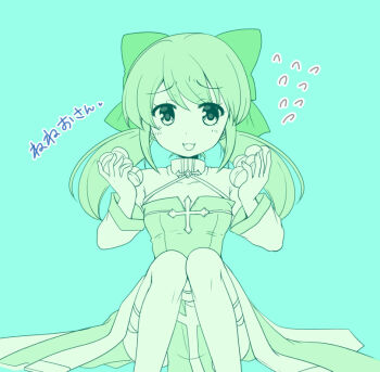 Rule 34 | 1girl, arch bishop (ragnarok online), bow, breasts, cleavage cutout, clothing cutout, commentary request, cross, dress, feet out of frame, green theme, hair bow, long hair, looking at viewer, low twintails, masaya ichika, monochrome, open mouth, ragnarok masters, ragnarok online, raised inner eyebrows, sash, simple background, sitting, small breasts, solo, thighhighs, translation request, twintails, two-tone dress