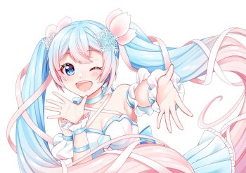 1girl aqua_eyes aqua_hair breasts choker cleavage commentary_request dress fusion gradient_hair hair_between_eyes hair_ornament hair_ribbon hatsune_miku highres long_hair masumofu medium_breasts multicolored_hair one_eye_closed open_mouth pink_hair ribbon sakura_miku simple_background smile solo strapless strapless_dress twintails upper_body very_long_hair vocaloid white_background white_choker yuki_miku