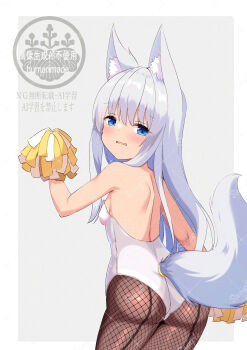 1girl absurdres animal_ears ass blue_eyes brown_pantyhose commentary_request fishnet_pantyhose fishnets fox_ears fox_tail grey_background grey_hair highres holding holding_pom_poms leotard logo long_hair nontraditional_playboy_bunny original pantyhose pom_pom_(cheerleading) pom_poms rodo_(oekakisyakaijin) simple_background smile solo strapless strapless_leotard tail white_leotard wrist_cuffs