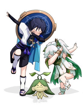 1boy 1girl absurdres anklet aranara_(genshin_impact) armlet armor arms_up belt black_belt black_bow black_bridal_gauntlets black_leggings black_sandals black_shorts bloomers blue_cape blue_gemstone blue_hat blue_kimono blunt_ends bow bracelet bridal_gauntlets cape choppy_bangs closed_eyes dab_(dance) detached_sleeves dress facing_down feathers foot_up full_body furisode gem genshin_impact gold gold_trim green_cape green_sleeves hair_ornament hat hat_on_back highres japanese_armor japanese_clothes jewelry jingasa jrpulse juban kimono knee_up kote kurokote leaf leaf_hair_ornament leg_warmers leggings long_hair nahida_(genshin_impact) open_clothes open_hands open_kimono purple_sash sandals sash scaramouche_(genshin_impact) shadow shorts side_ponytail sidelocks socks stirrup_footwear tassel twitter_username underwear wanderer_(genshin_impact) white_background white_bloomers white_dress white_hair white_kimono white_leg_warmers white_socks yellow_feathers zouri