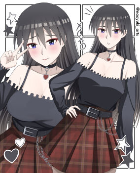 1girl absurdres alternate_costume arm_at_side azumanga_daiou bare_shoulders belt black_belt black_hair blush bra_strap breasts choker closed_mouth commentary_request detached_sleeves goth_fashion grey_shirt hair_between_eyes hand_on_own_hip hand_up highres large_breasts lipstick long_hair looking_at_viewer makeup multiple_views naoyuki_arts pale_skin parted_lips plaid_clothes plaid_skirt purple_eyes raised_inner_eyebrows sakaki_(azumanga_daioh) shirt skirt strapless strapless_shirt v very_long_hair