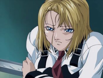 00s 1girl 2002 animated animated_gif bible_black bible_black_gaiden blonde_hair blue_eyes breasts classroom covering_breasts covering_privates crossed_arms kitami_reika large_breasts messy_hair necktie resistance school school_uniform shirt shirts short_hair solo suspenders tagme talking white_shirt