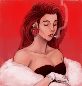 1girl bare_shoulders black_dress breasts cigarette cleavage collarbone dress earrings closed_eyes female_focus gloves highres jacqueline_leon jewelry jojo_no_kimyou_na_bouken lips lipstick lisa_lisa long_hair makeup mouth_hold neck off_shoulder red_background red_hair red_stone_of_aja smoke smoking solo strapless strapless_dress upper_body white_gloves