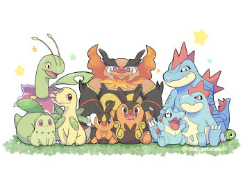absurdres animal_focus bayleef chikorita claws closed_eyes closed_mouth commentary_request croconaw emboar evolutionary_line fangs feraligatr fire gen_2_pokemon gen_5_pokemon gen_6_pokemon highres leaf legendary_pokemon meganium nintendo no_humans open_mouth pignite pokemon pokemon_(creature) pokemon_focus red_eyes saki_pokeoekaki sharp_teeth sitting smile star_(symbol) starter_pokemon_trio tail teeth tepig totodile yellow_eyes zygarde zygarde_core