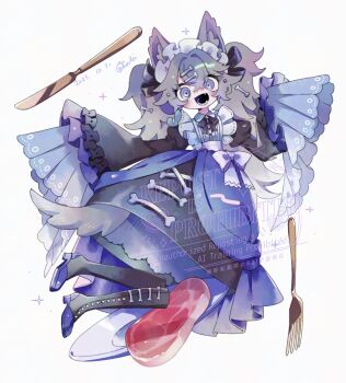 1girl :d animal_ear_fluff animal_ears beef black_boots black_bow black_bowtie black_dress blue_dress blue_eyes blush bone_hair_ornament boots bow bowtie butter_knife commentary_request crossed_bangs dated dog_ears dog_girl dog_tail dress fang fork full_body grey_hair hair_between_eyes hair_ornament hands_up juliet_sleeves knife long_hair long_sleeves looking_at_viewer mochimura_sorata open_mouth original plate puffy_sleeves raw_meat signature simple_background sleeves_past_fingers sleeves_past_wrists smile solo sparkle tail twintails two-tone_dress watermark white_background wide_sleeves