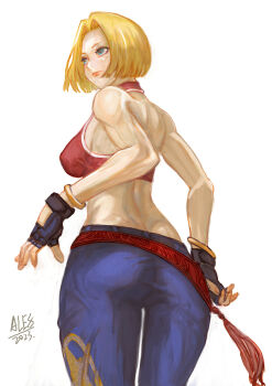 1girl alexsiao alexsiao1982 ass blonde_hair blue_mary breasts curvy female_focus from_behind green_eyes huge_ass large_breasts nipples pale_skin pants shirt short_hair standing tank_top the_king_of_fighters thick_thighs thighs tight_clothes tight_shirt wide_hips