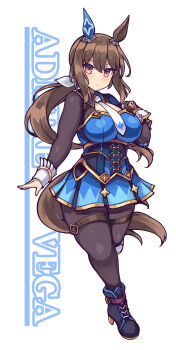 Rule 34 | 1girl, admire vega (starry nocturne) (umamusume), admire vega (umamusume), akikaze tsumuji, animal ears, blush, bow, breasts, brown hair, clothing cutout, commentary request, ear bow, ear covers, ear ornament, hair between eyes, highres, horse ears, horse girl, horse tail, long hair, long sleeves, looking at viewer, low ponytail, necktie, ponytail, purple eyes, shirt, simple background, single ear cover, solo, tail, tail through clothes, umamusume, white necktie