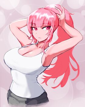 1girl absurdres adjusting_hair armpits arms_up black_pants breasts cleavage highres hololive hololive_english large_breasts long_hair looking_to_the_side mori_calliope pants pink_eyes pink_hair ponytail shirt sidelocks simple_background virtual_youtuber white_shirt yodokogon