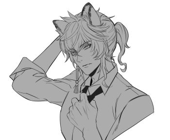 Rule 34 | 1boy, adjusting clothes, adjusting necktie, animal ears, ark1478, arknights, arm behind head, arm up, bishounen, closed mouth, collared shirt, commentary request, cropped torso, earrings, greyscale, hair between eyes, highres, jewelry, looking at viewer, male focus, monochrome, necktie, ponytail, shirt, silverash (arknights), simple background, single earring, snow leopard boy, snow leopard ears, solo, upper body, white background