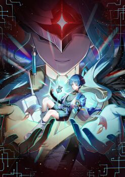 2boys absurdres aqua_hair arm_at_side armor asymmetrical_bangs belt black_belt black_bodysuit black_bow black_bridal_gauntlets black_hands black_sandals black_shorts blue_cape blue_eyes blue_gem blue_hair blue_hands blue_kimono blue_sleeves blunt_ends bodysuit bow bridal_gauntlets cape closed_mouth colored_extremities core covered_collarbone dottore_(genshin_impact) dottore_(heretic_of_the_false_moon)_(genshin_impact) earrings eyeliner feathers fingernails fuli_(narumiyafuri) furisode gem genshin_impact glitch glowing glowing_eye glowing_eyes glowing_object gold hakama hakama_shorts hand_up highres japanese_armor japanese_clothes jewelry juban kimono kote kurokote layered_sleeves leg_warmers looking_at_another looking_at_object makeup multiple_boys one-eyed open_clothes open_hands open_kimono parted_lips pleated_shorts pom_pom_(clothes) purple_rope purple_sash red_eyeliner red_eyes rope sandals sash scaramouche_(genshin_impact) short_sleeves shorts single_mechanical_eye split_mouth syringe_earrings tassel toeless_legwear tsurime turtleneck turtleneck_bodysuit vision_(genshin_impact) wanderer_(genshin_impact) white_kimono white_leg_warmers white_mouth white_sleeves white_trim yellow_feathers zouri