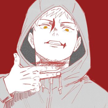 1boy commentary_request highres hood hooded_jacket itadori_yuuji jacket jujutsu_kaisen jujutsu_kaisen_modulo looking_at_viewer male_focus mskitar pointing pointing_at_self scar solo spiked_hair upper_body yellow_eyes