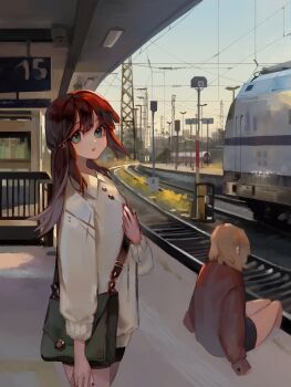 2girls :o bag black_shorts blue_eyes bow breasts brown_shorts cardigan center-flap_bangs collared_cardigan cosmo636 green_bag hand_on_own_chest head_tilt highres holding holding_bow_(ornament) jacket long_hair looking_at_viewer multiple_girls original painterly radio_antenna railroad_tracks red_hair red_jacket red_nails shorts shoulder_bag sidelocks sitting sleeves_past_fingers sleeves_past_wrists small_breasts standing train train_station train_station_platform turning_head white_cardigan