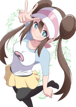 1girl absurdres black_pantyhose blue_eyes blush breasts brown_hair closed_mouth collarbone commentary_request donut_hair_bun double_bun hair_bun hat highres large_breasts long_hair looking_at_viewer nintendo pantyhose pantyhose_under_shorts poke_ball_print pokemon pokemon_black_2_and_white_2 raglan_sleeves rono_(lethys) rosa_(pokemon) shirt shorts smile solo standing standing_on_one_leg twintails visor_cap w yellow_shorts