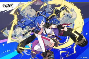 5girls ashwind_clan_(stella_sora) baseball_bat black_coat black_gloves black_shorts blonde_streaks blue_hair boots breasts brown_boots character_name character_request chinese_commentary chinese_text coat coat_on_shoulders commentary_request fingerless_gloves floating_hair gloves highres holding holding_baseball_bat holding_rocket_launcher holding_weapon long_hair lossy-lossless medium_breasts minova_(stella_sora) multiple_girls neuvira_(stella_sora) official_art open_mouth partially_colored pink_eyes pointing rocket_launcher shirt short_shorts shorts sleeveless sleeveless_shirt solo_focus spiked_bat stella_sora stitched sunglasses thighhighs third-party_edit translated very_long_hair vollara_(stella_sora) weapon white_shirt white_thighhighs