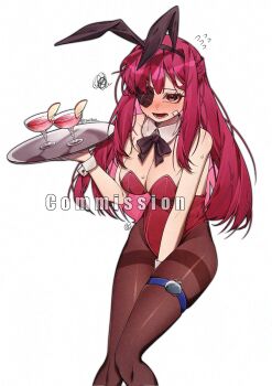 1girl animal_ears bandaid bandaid_on_face black_bow black_bowtie blush bow bowtie brown_pantyhose cocktail_glass commission cup drinking_glass eyepatch flying_sweatdrops heart heart_eyepatch highres holding holding_tray limbus_company open_mouth pantyhose pink_eyes pink_hair playboy_bunny project_moon rabbit_ears smile solo suillus thigh_strap thighband_pantyhose tray yuri_(project_moon)
