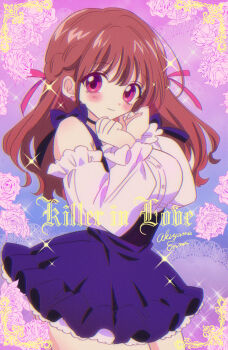 Rule 34 | 1girl, akiyama enma, artist name, bare shoulders, blue skirt, blush, breasts, brown hair, closed mouth, commentary request, copyright name, earrings, english text, floral background, hair ribbon, hands up, heart, heart earrings, highres, jewelry, kimi ni koisuru satsujinki, large breasts, long hair, looking at viewer, off-shoulder shirt, off shoulder, pink eyes, red ribbon, ribbon, shirt, skirt, smile, solo, sparkle, white shirt, yoshizaki kokoa