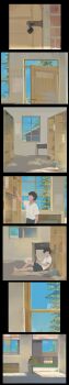 1boy 7koma absurdres afro bangqiao_yan barefoot black_hair black_shorts book bookshelf box brick_wall building cardboard_box chinese_text desk door full_body globe highres knee_up leaning_back lock long_image open_book open_door original shirt short_hair shorts sitting t-shirt tall_image translation_request tree well white_shirt window_light