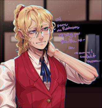 Rule 34 | 1boy, absurdres, blackberreh-art, blonde hair, bow, commentary, crow's feet, curly hair, design speculation, distortion (tma), earrings, english commentary, eyelashes, grin, highres, jewelry, lips, long hair, male focus, michael shelley, ribbon, scar, scar on arm, self-harm scar, shirt, smile, smile lines, teeth, the magnus archives, vest, wrinkled skin