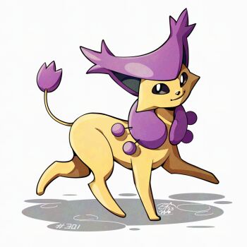 Rule 34 | delcatty, full body, gen 3 pokemon, looking at viewer, mistray-art, nintendo, no humans, numbered, pokemon, pokemon (creature), purple fur, signature, simple background, solo, two-tone fur, white background, yellow fur