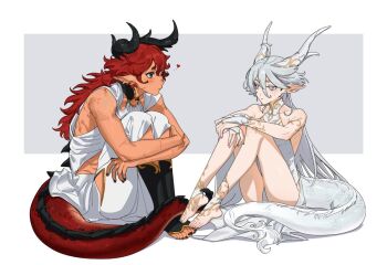 2girls ahoge baesong black_horns black_nails black_vs_white blush bridal_gauntlets collarbone commentary_request curled_horns dark-skinned_female dark_skin dragon_horns dragon_tail female_focus grey_hair gundam gundam_suisei_no_majo heart horns hugging_own_legs kemonomimi_mode korean_commentary long_hair looking_at_another miorine_rembran multiple_girls nail_polish pointy_ears red_hair sitting suletta_mercury tail tan toenail_polish toenails toes very_long_hair white_bridal_gauntlets white_horns