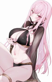 1girl alternate_costume bikini black_bikini black_nails blush breasts cleavage highres hololive hololive_english kamiya_maneki large_breasts long_hair looking_at_viewer mori_calliope mori_calliope_(holonatsu_paradise) nail_polish navel o-ring o-ring_bikini official_alternate_costume open_mouth pink_eyes pink_hair red_eyes sarong see-through_clothes see-through_sarong simple_background solo stomach swimsuit very_long_hair virtual_youtuber white_background