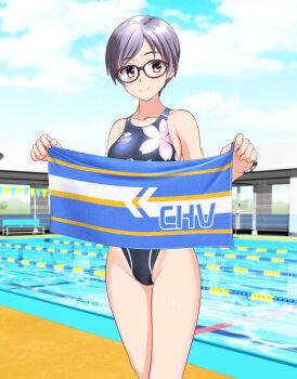 1girl absurdres black_one-piece_swimsuit blue_sky breasts brown_eyes cloud commentary_request competition_swimsuit day floral_print glasses grey_eyes highleg highleg_one-piece_swimsuit highres holding holding_towel lane_line medium_breasts one-piece_swimsuit original outdoors pool short_hair sky smile solo string_of_flags swimsuit takafumi towel