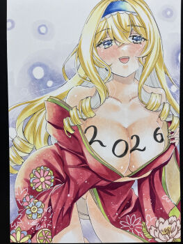 1girl all_fours blonde_hair blue_eyes blush body_writing breasts cecilia_alcott drill_hair hairband highres infinite_stratos japanese_clothes kimono large_breasts leaning_forward legs long_hair looking_at_viewer no_bra open_mouth solo teeth thighs tongue traditional_media very_long_hair