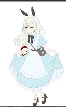 1girl alice&#039;s_adventures_in_wonderland alice_(alice_in_wonderland) alice_(alice_in_wonderland)_(cosplay) alternate_costume animal_bag animal_ears apron art_program_in_frame bag bang_dream! bang_dream!_it&#039;s_mygo!!!!! belt beret black_belt black_ribbon black_shoes blue_dress blush_stickers brooch brown_bag character_doll clip_studio_paint clip_studio_paint_(medium) commentary cosplay curtsey doll dress earrings fake_animal_ears fanged_bangs flat_color frilled_apron frilled_dress frills green_hair hat high_heels jewelry long_dress long_hair looking_at_viewer maid_headdress mary_janes mortis_(bang_dream!) mortis_(costume)_(bang_dream!) neck_ribbon puffy_short_sleeves puffy_sleeves rabbit_ears red_hat ribbon satchel shoes short_sleeves simple_background single_earring skirt_hold solid_oval_eyes solo standing straight_hair strappy_heels swept_bangs symbol-only_commentary wakaba_mutsumi wakaba_mutsumi_(doll) white_apron white_background wing_collar yellow_eyes yoromimi_yu