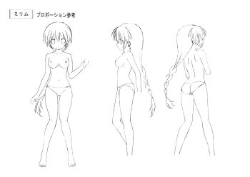 10s 1girl absurdres ass breasts female_focus full_body highres long_hair medium_breasts mirim monochrome navel nipples official_art panties queen&#039;s_blade queen&#039;s_blade_rebellion reference_sheet simple_background solo sword underwear weapon white_background