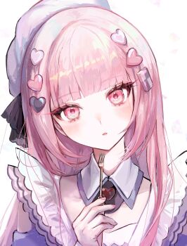 Rule 34 | 1other, akiyama mizuki, bare shoulders, beret, blunt bangs, blush, commentary request, detached collar, fork, frilled sleeves, frills, funsai seyo! unvalentine no fukushuu (project sekai), hair ornament, hat, heart, heart hair ornament, highres, holding, holding fork, long hair, looking at another, nail polish, official alternate costume, official alternate hairstyle, parted lips, pink eyes, pink nails, pipi (pipinavigation), project sekai, simple background, solo focus, teeth, upper body, utensil, white background