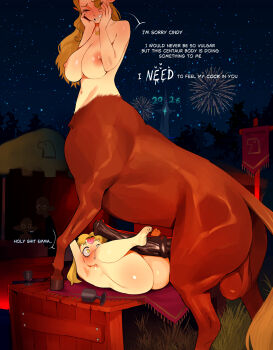 2026 absurdres animal_penis ass blonde_hair breasts centaur chalice chinese_zodiac cindy_(eromamgasemsei3) commentary cup english_commentary english_text erection eromamgasemsei3 facial_mark fireworks forehead_mark futa_with_female futa_without_pussy futanari highres horse_penis huge_breasts huge_penis imminent_penetration interspecies large_testicles looking_at_penis monster_girl on_table original penis penis_awe small_breasts table taur testicles year_of_the_horse