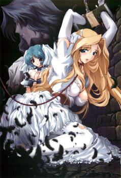 1boy 2girls absurdres bdsm bird blonde_hair blue_hair bondage bound breasts chain chained claude_(darcrows) collar crow darcrows dead_animal dress dungeon elbow_gloves eulicia feathers gloves highres large_breasts leash long_hair multiple_girls official_art onigirikun open_mouth red_eyes scan short_hair slave tiaris_(darcrows) white_dress