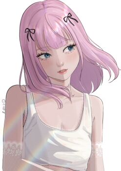 1girl armpit_crease arms_at_sides black_bow blue_eyes bow commentary_request crop_top eyelashes hair_bow highres looking_to_the_side medium_hair original parted_lips pink_hair red_lips sideways_glance signature simple_background solo straight_hair tank_top upper_body white_background white_tank_top zakikoillust