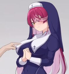 1girl 1other alternate_costume animated bouncing_breasts breast_curtains breasts crossed_bangs dress embarrassed grey_background habit hair_between_eyes hair_over_one_eye heterochromia hololive houshou_marine houshou_marine_(nun) large_breasts left_(left_sio) long_bangs long_hair long_sleeves multicolored_hair nipple_stimulation nun own_hands_clasped own_hands_together red_eyes red_hair solo_focus streaked_hair surprised tagme nipple_stimulation video virtual_youtuber white_hair yellow_eyes