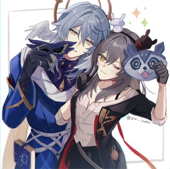 Rule 34 | 1boy, 1girl, black gloves, black jacket, black skirt, chinese clothes, eiri illust, feathered wings, gloves, grey hair, hair between eyes, halo, halo behind head, head wings, highres, honkai: star rail, honkai (series), jacket, long hair, mask, medium hair, official alternate costume, shirt, simple background, skirt, stelle (honkai: star rail), stelle (vim and vigor) (honkai: star rail), sunday (honkai: star rail), supplicant mask, trailblazer (honkai: star rail), white background, white shirt, white wings, wings, yellow eyes