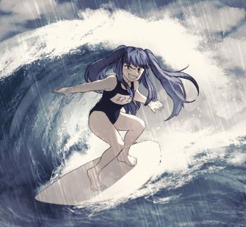 1girl barefoot blue_eyes blue_one-piece_swimsuit commentary_request floating_hair furudo_erika highres hswoimuxk0pwr0h_(bbdan) looking_at_viewer one-piece_swimsuit rain smile solo surfboard surfing swimsuit twintails umineko_no_naku_koro_ni water waves